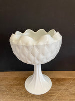 a** Vintage Indiana Large 9” H White Milk Glass Compote Candy Bowl Quilted Diamond Star