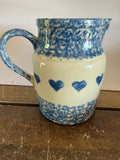 ** Vintage Friendship (FP) Pottery Spongeware Blue Hearts Large 2 Qt Pitcher Roseville Ohio