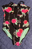 +* Girls Medium Sz 7/8 One Piece Swimsuit Black & Multi Colored Bright Floral Print Ruffled Bodice