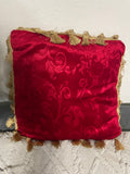 +* Square 19” Royal Red with Gold Trim and Tassels Velour Velvety Pillow