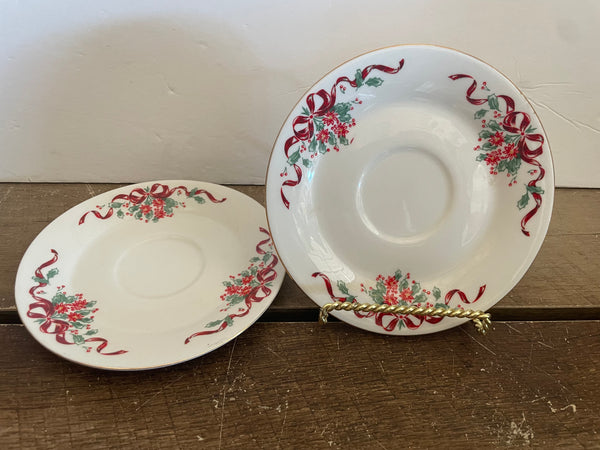 <€€ Dynasty CHRISTMAS SPIRIT Fine China Set/2 Saucers Ribbons & Poinsettia
