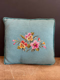 + Needlepoint Accent Pillow Yellow & Pink Pansies on Aqua