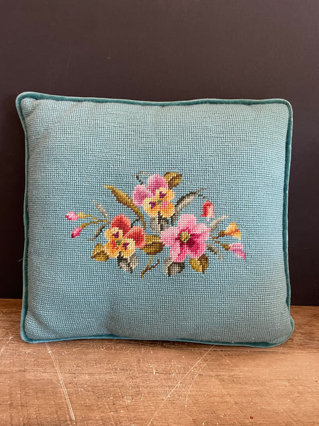 + Needlepoint Accent Pillow Yellow & Pink Pansies on Aqua