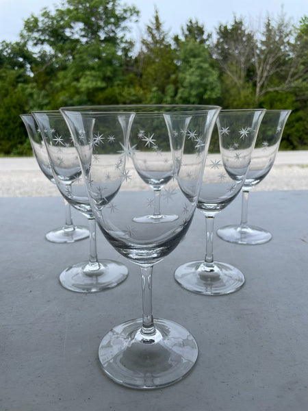 a*€ Vintage 1950s Set/6 CG Quartex Stardust Crystal Waged Wine Giblets Glasses