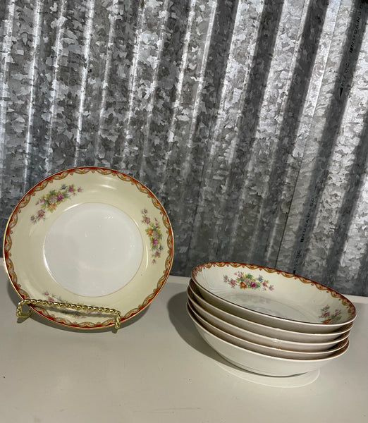 € Vintage 1940s Diamond China ROSLYN Floral Pattern Set/6 6” Salad Bowls Japan Gold Rim