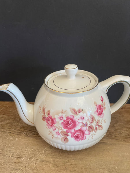 <€€ Ellgreave Ralph Moses Wood & Sons England Genuine Ironstone White Tea Pot w/ Pink Roses #546B