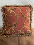+* Square 17” Raised Velour Floral on Satiny Pillow Gold & Pinkish Red Zipper Closure Looped Fringe