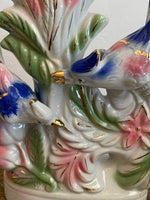 <€€ Vintage Gold Tipped Blue Birds Pink Green Bud Vase Vessel Porcelain