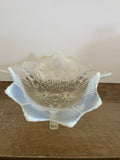 a** [glow?] €*~ Vintage Iridescent Depression Glass Candy Dish Pressed & Etched Glow Footed