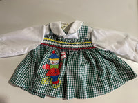 Baby Girls 18-24 Months Green & White Checkered Dress Long Sleeve Collar Clown Applique