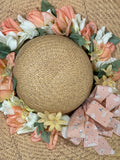 a** Springtime Straw Hat Wall Hanging Decor w/ Flowers in Yellow & Peach 20” Diam