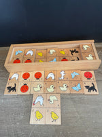 a* Vintage Dominoes Lillian Vernon Wooden Farm Animal 28 Piece Set Wood Box