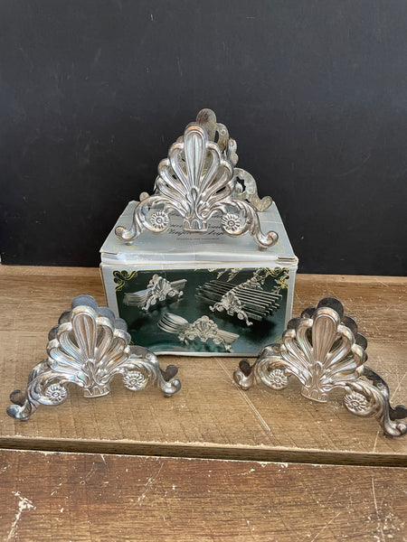 <€€ Silver Plated Buffet Flatware Caddies Set/3 Knife Spoons Forks with Box Holds Service for 12