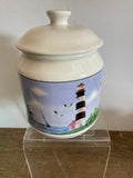 + Vintage Thomson Lighthouse Pottery Nautical Ceramic Canister Candy Jar with Lid Sailboat