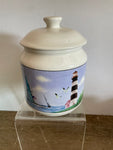 + Vintage Thomson Lighthouse Pottery Nautical Ceramic Canister Candy Jar with Lid Sailboat