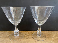 a** Vintage Set/4 Etched Stemmed Crystal Wine Goblet Glasses Leaf & Stems 6” H