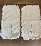 * Vintage Set/2 White Table Cover Doilie 13.5” Rectangle Embroidered Pink Flowers Cotton