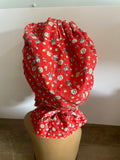 +* Adult Medium/Large Old-Fashion Pioneer Prairie Bonnet Style Sun Hat Blue Flowers on Red with White Trim