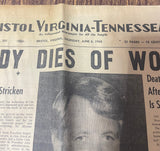 +* AS-IS Vintage Bristol Virginia Tennessean RFK Kennedy DIES Jun 6 1968 Newspaper