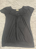 +* Womens Juniors Pretty Good Medium Black Top with Lace Bodice Banded Hem Short Sleeves