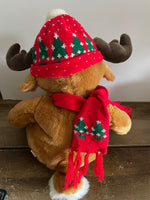 a** Vintage Stuffed Animal Sitting Christmas Moose w/ Hat & Scarf Holiday Christmas