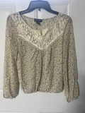 +* Womens/Juniors About A Girl Lace & Semi Sheer L/S Blouse Top Sz XS Brown & Blue Floral