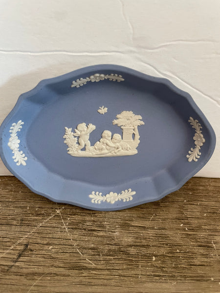 + Vintage Blue Wedgwood Angel Cherub Trinket Tray Bowl Jasperware England Porcelain