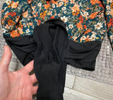 +* Black Floral Print Bodysuit XLarge V-Neck Long Sleeves