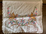 Vintage White Table Cover Doilie 11.5” Embroidered Butterflies & Crocheted Edge Cotton