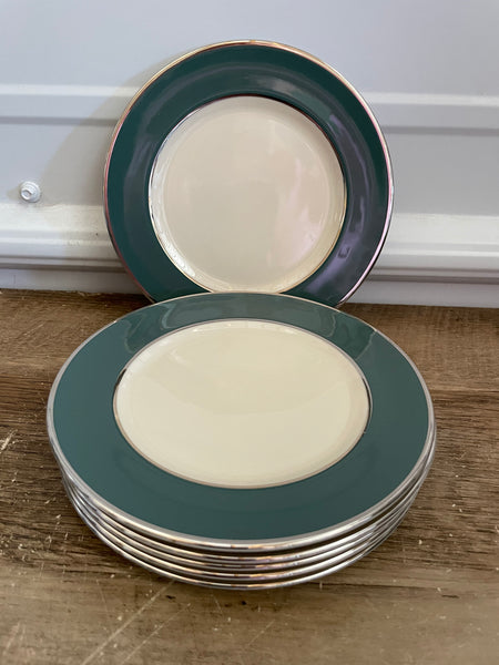 Flintridge China, California Deep Teal Green w/ Platinum Silver Set/6 8.25” Salad/Dessert Plates