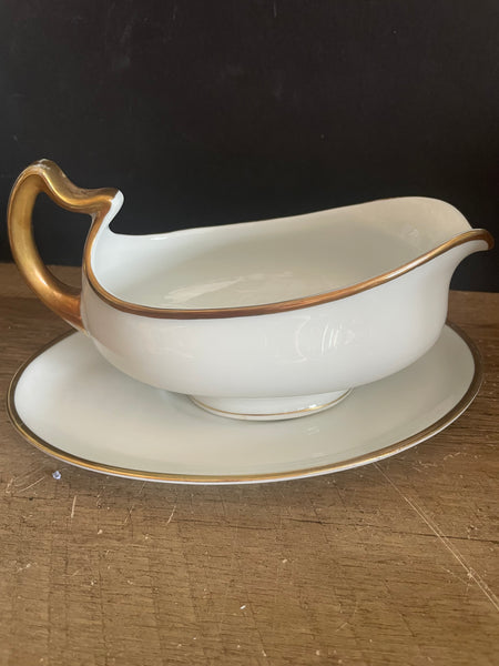 + Vintage Pfeiffer & Lowenstein Schlackenwerth Empire II White China Gold Rim GRAVY BOAT & PLATE 1940s