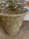 Vintage Metal Christmas Tree Gold Bronze Glitter Base, Gold & Brown Jewels 17” H Decor