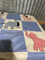 a* Unfinished Cotton Baby Blanket Quilt Zoo & Farm Animals Blue & White 30.25” W x 41.5” H