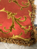 +* Square 17” Raised Velour Floral on Satiny Pillow Gold & Pinkish Red Zipper Closure Looped Fringe