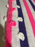a* Heavy Crocheted Baby Girls Blanket Bed Cover Afghan Pink & Purple on White 54” W x 54” L