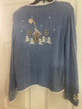 ** Women’s XL Christmas Sweater Christopher & Banks Hand Embroidered Santa Over Cozy House Blue
