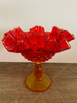 a** [glow?] €^~ Vintage Red & Gold Depression Glass Hobtail Pedestal Compote Dish Ruffle Rim Cadmium Glow