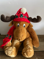 a** Vintage Stuffed Animal Sitting Christmas Moose w/ Hat & Scarf Holiday Christmas