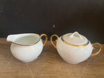 + Vintage Pfeiffer & Lowenstein Schlackenwerth Austria Empire II White China Gold Rim SUGAR BOWL w/Lid & CREAMER 1940s