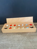 a* Vintage Dominoes Lillian Vernon Wooden Farm Animal 28 Piece Set Wood Box