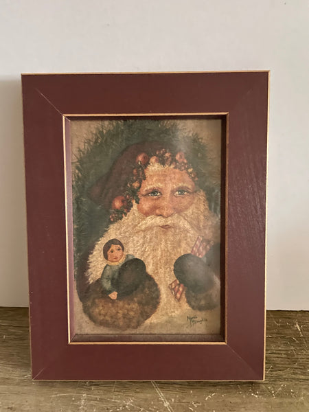 € Marie Mary McLaughlin Framed Santa Christmas Art Maroon Wood Frame 9x7 Folkart