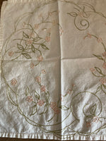 <€€ Vintage White Table Cover Doilie 14” Square Embroidered Floral Cotton