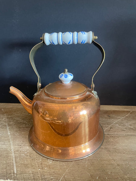 Vintage Copper Kettle w/ Blue & White Porcelain Handle & Lid