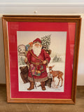 € Nadine Harper Wood Framed & Matted Santa & Deer Art 1991 17.5” W x 23” H