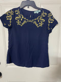 +* Women's Junior’s Small erGuo by Minty Short Sleeve Blouse Navy Blue with Gold Embroidered