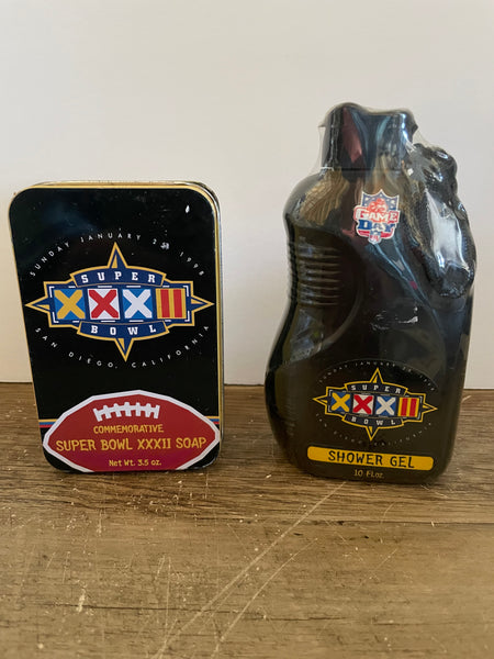 £* Super Bowl XXXII 1998 Commemorative Soap Tin & Shower Gel Denver Broncos v Green Bay Packers