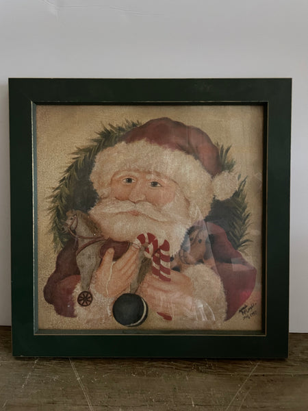 € Marie Mary McLaughlin 1997 Framed Santa Christmas Art Green Wood Frame 14x14