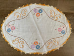 <€€ White Table Cover Doilie 13.5” Oval Embroidered Flowers & Crocheted Edge Cotton