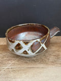 €a** Vintage Handled Soup Bowl Brown & Gray Pottery