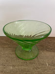 a** [glow?] €*~ Vintage Single Green Swirl Depression Glass Sherbert Dessert Dish 3” H Uranium Glow